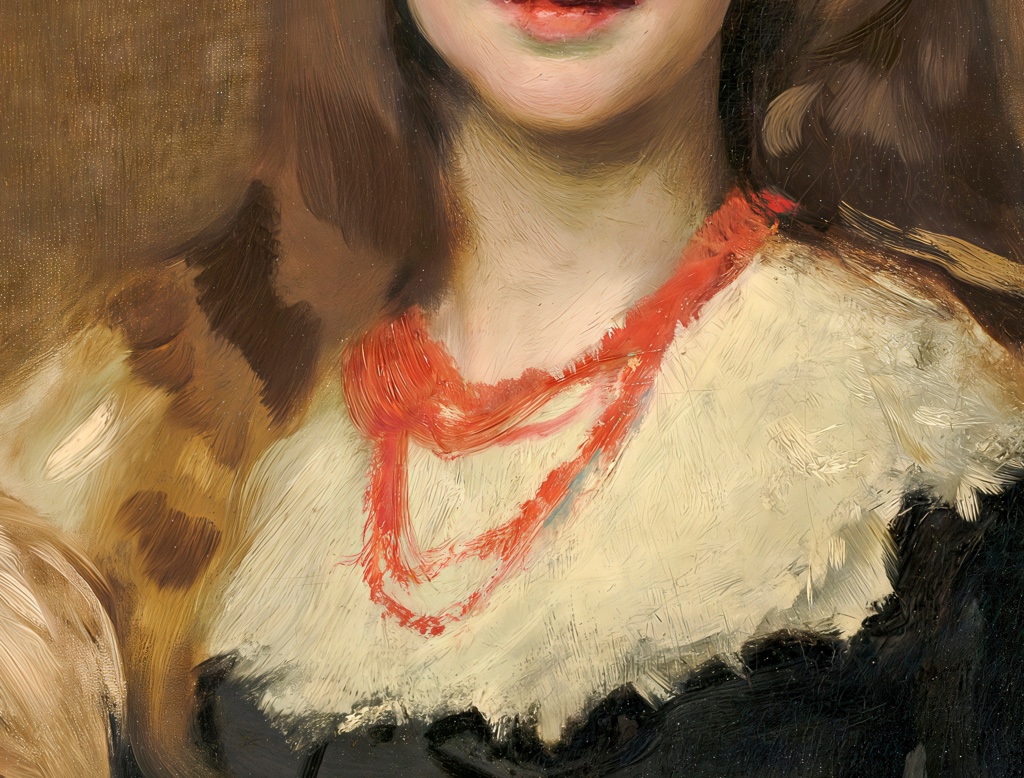 Red necklace and cream collar in Miss Beatrice Townsend